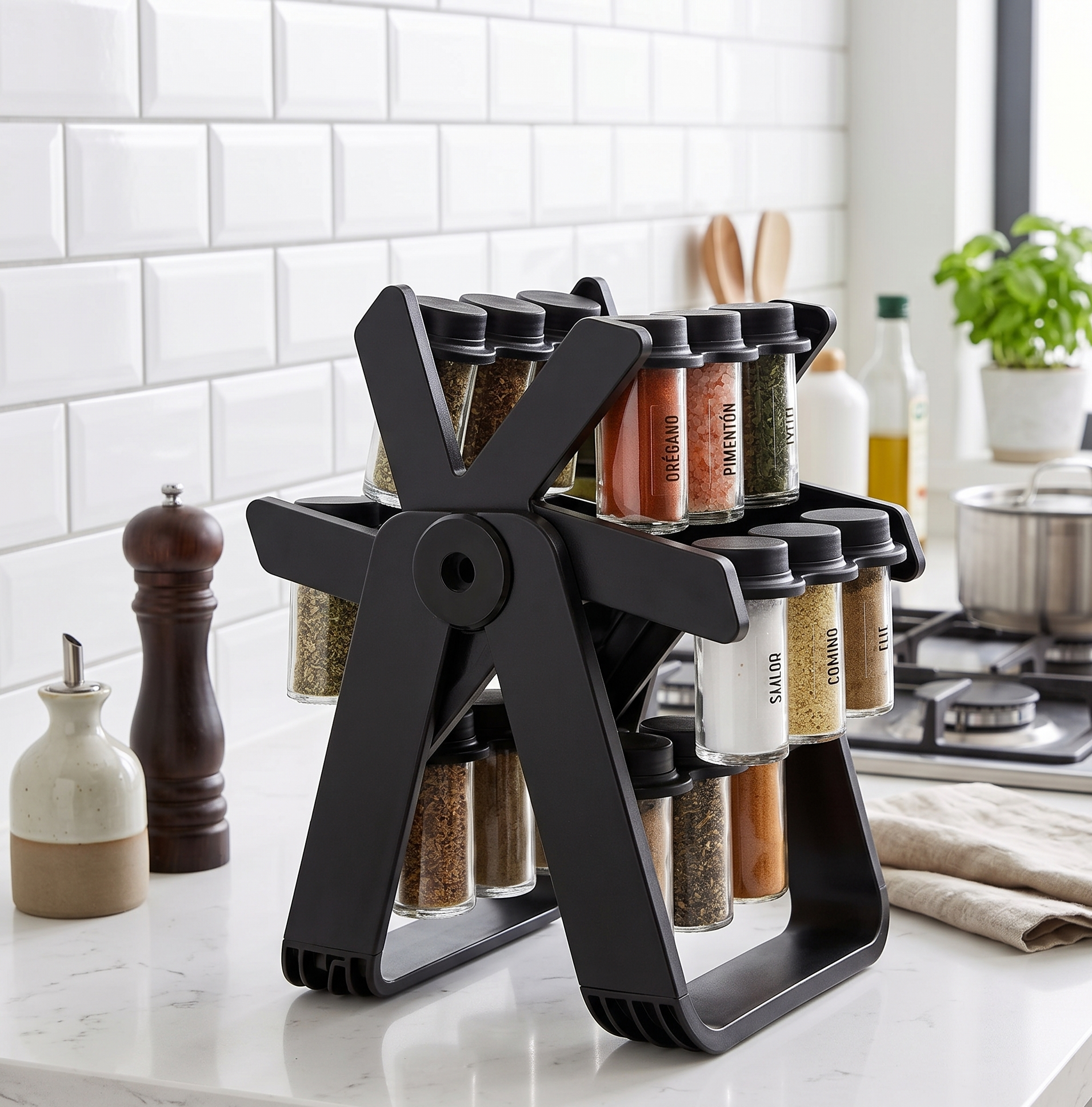 Mujer usando organizador en cocina moderna